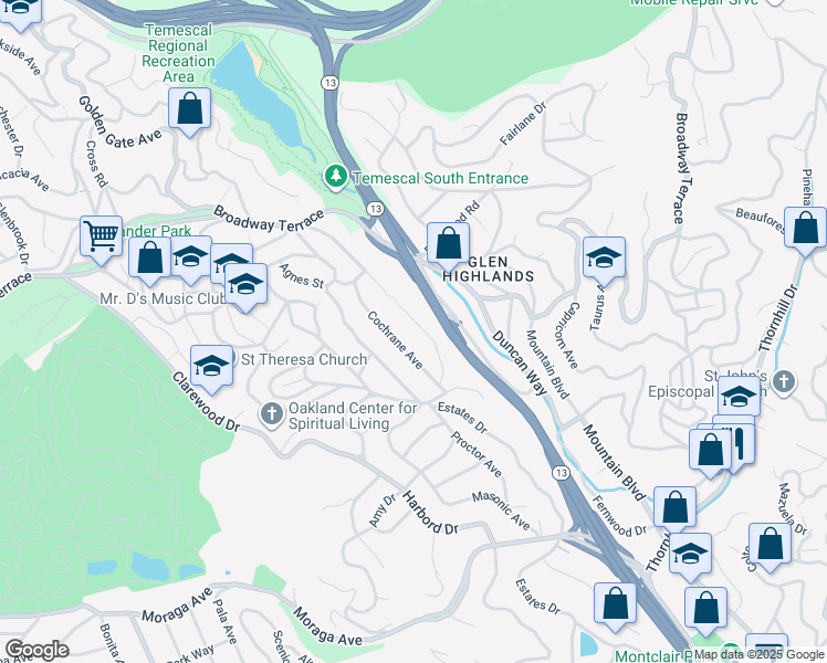 map of restaurants, bars, coffee shops, grocery stores, and more near 205 Sheridan Road in Oakland