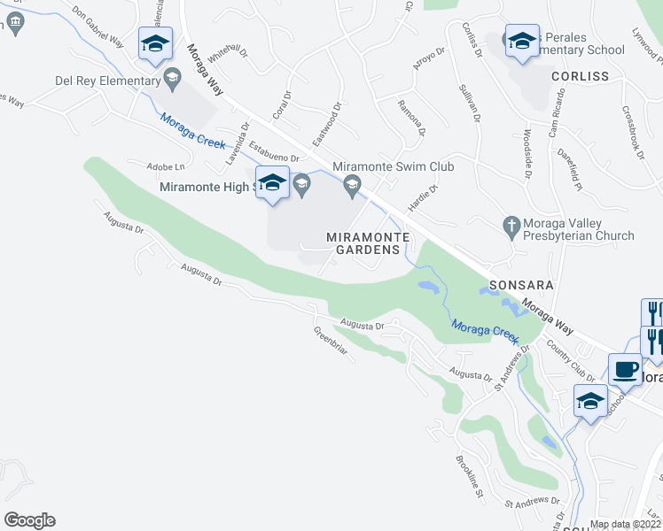 map of restaurants, bars, coffee shops, grocery stores, and more near 187 Miramonte Drive in Moraga