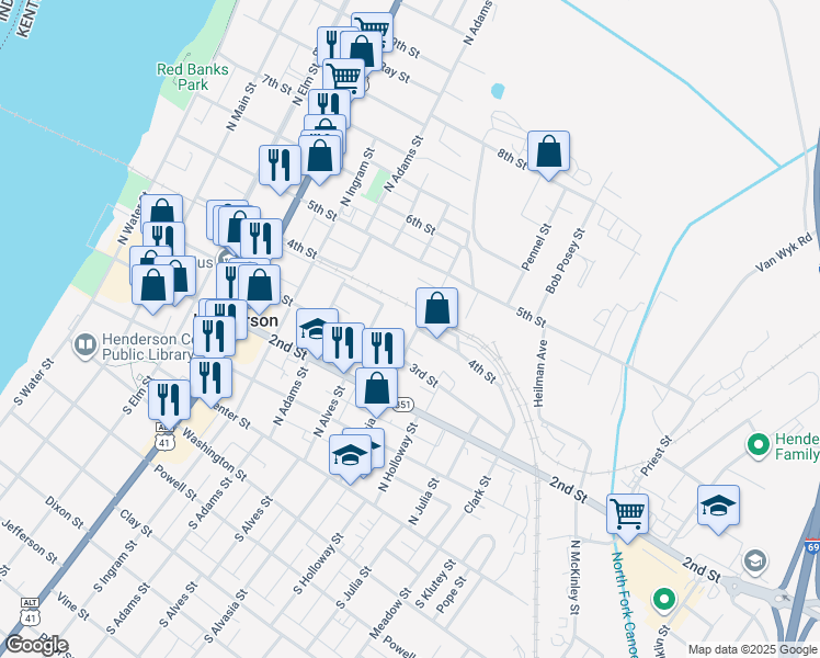 map of restaurants, bars, coffee shops, grocery stores, and more near 347 North Alvasia Street in Henderson