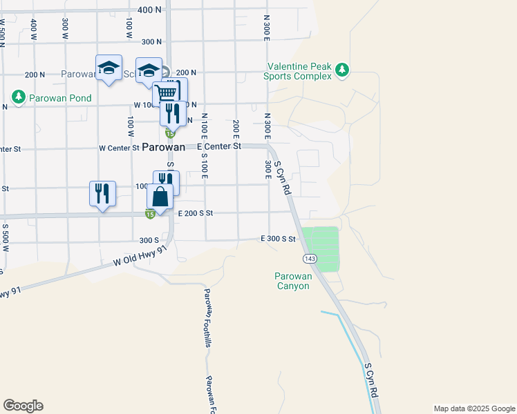 map of restaurants, bars, coffee shops, grocery stores, and more near 257 East 200 South Street in Paragonah