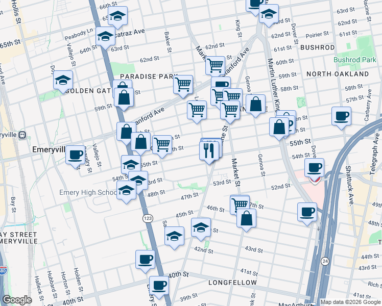 map of restaurants, bars, coffee shops, grocery stores, and more near 965 55th Street in Oakland
