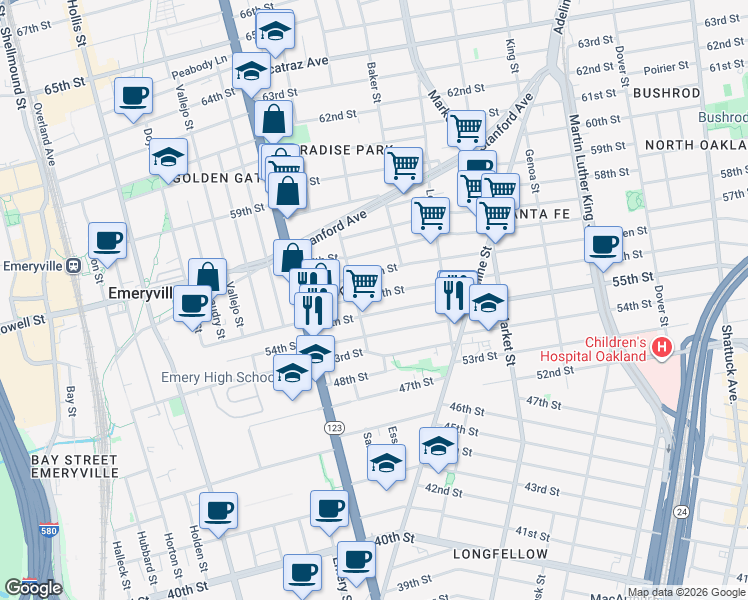 map of restaurants, bars, coffee shops, grocery stores, and more near in Oakland
