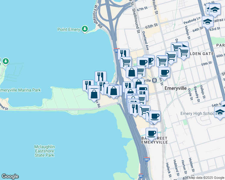 map of restaurants, bars, coffee shops, grocery stores, and more near 2100 Powell Street in Emeryville