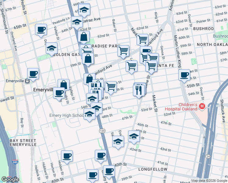 map of restaurants, bars, coffee shops, grocery stores, and more near in Oakland