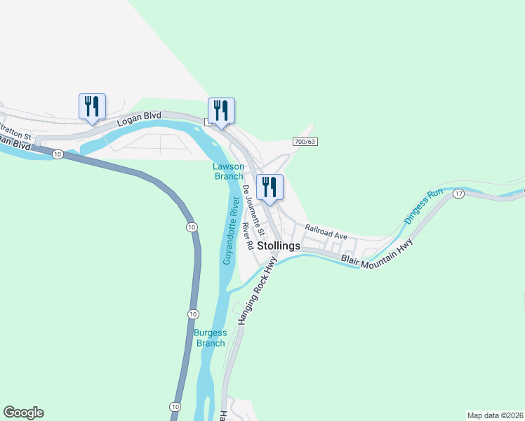 map of restaurants, bars, coffee shops, grocery stores, and more near 170 Stollings Avenue in Logan