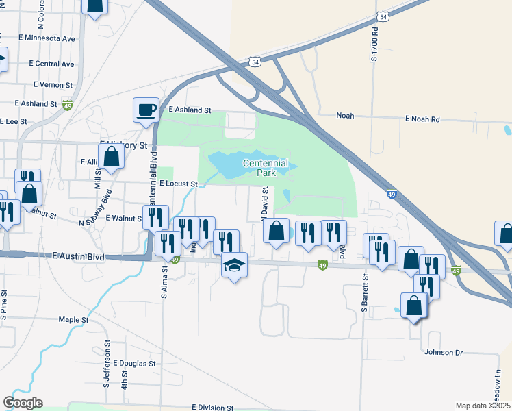 map of restaurants, bars, coffee shops, grocery stores, and more near 300 North David Street in Nevada