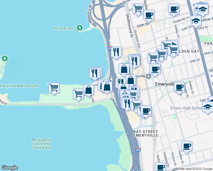 map of restaurants, bars, coffee shops, grocery stores, and more near 2100 Powell Street in Emeryville