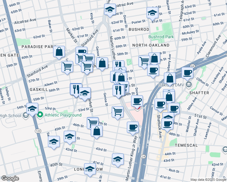 map of restaurants, bars, coffee shops, grocery stores, and more near 836 54th Street in Oakland