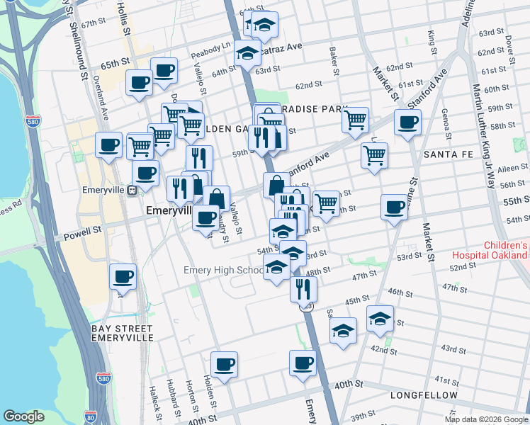 map of restaurants, bars, coffee shops, grocery stores, and more near 5520 Marshall Street in Oakland