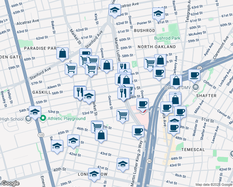 map of restaurants, bars, coffee shops, grocery stores, and more near 836 54th Street in Oakland