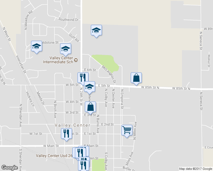 map of restaurants, bars, coffee shops, grocery stores, and more near 354 East 5th Street in Valley Center