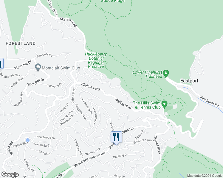 map of restaurants, bars, coffee shops, grocery stores, and more near 2001 Manzanita Drive in Oakland