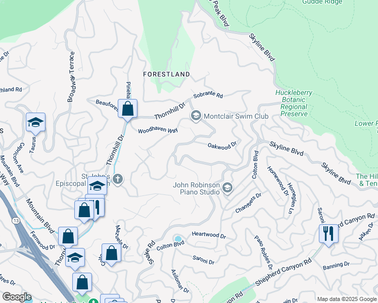 map of restaurants, bars, coffee shops, grocery stores, and more near 7027 Thornhill Drive in Oakland