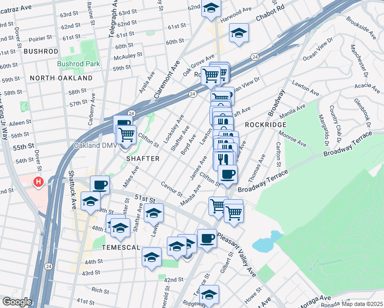 map of restaurants, bars, coffee shops, grocery stores, and more near 5303 Lawton Avenue in Oakland