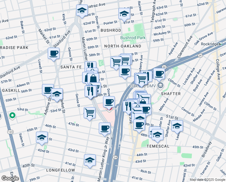 map of restaurants, bars, coffee shops, grocery stores, and more near 661 54th Street in Oakland