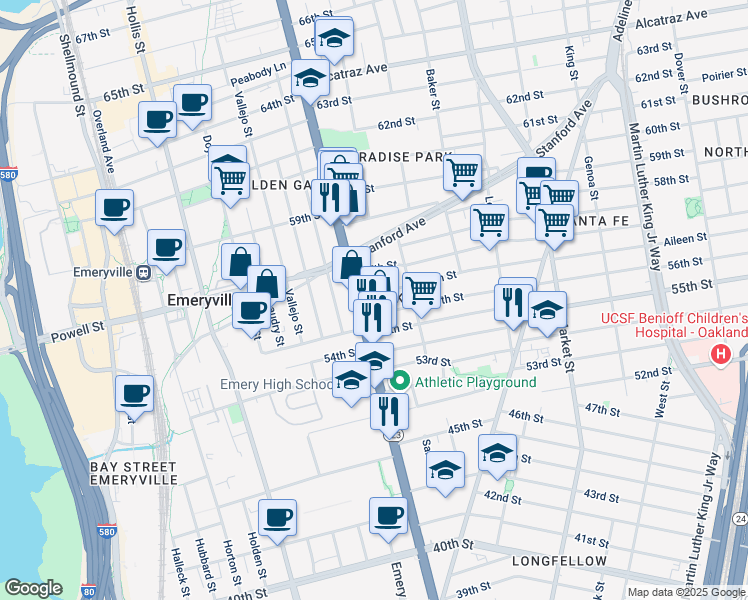 map of restaurants, bars, coffee shops, grocery stores, and more near 1081 56th Street in Oakland