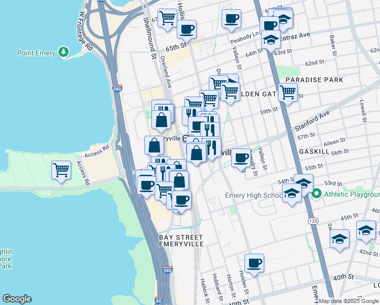 map of restaurants, bars, coffee shops, grocery stores, and more near 1501 Powell Street in Emeryville