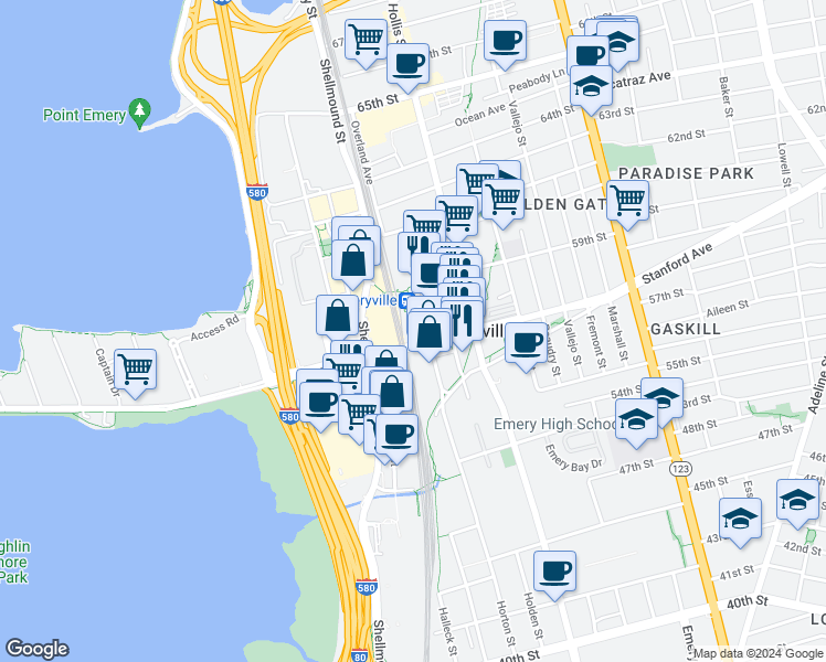 map of restaurants, bars, coffee shops, grocery stores, and more near 1501 Powell Street in Emeryville