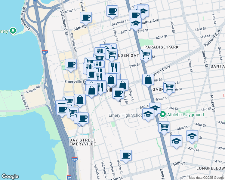 map of restaurants, bars, coffee shops, grocery stores, and more near 1342 Stanford Avenue in Emeryville