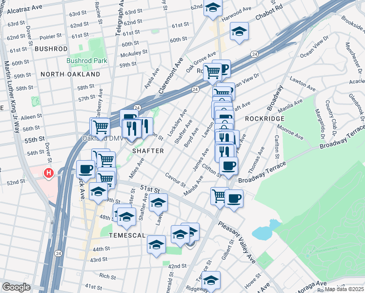 map of restaurants, bars, coffee shops, grocery stores, and more near 5264 Shafter Avenue in Oakland