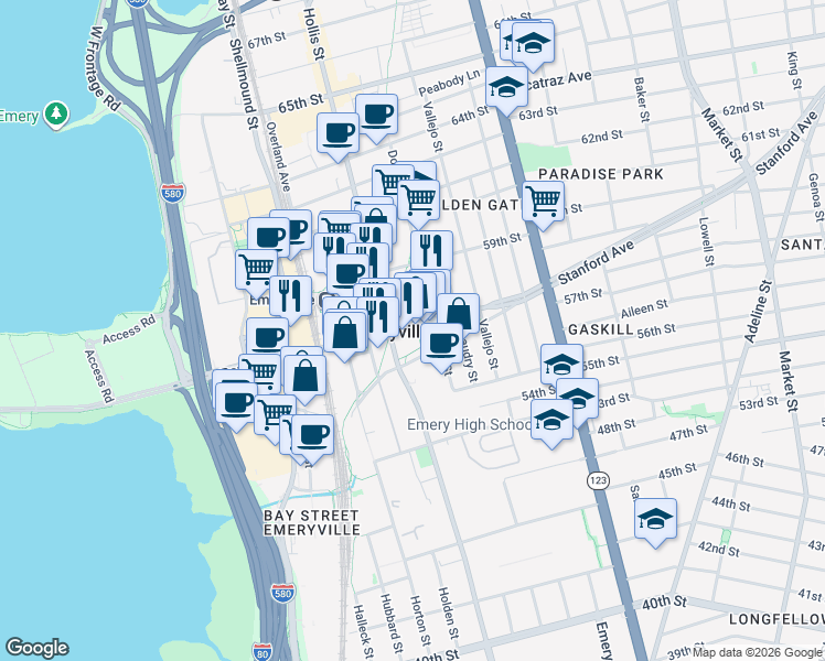 map of restaurants, bars, coffee shops, grocery stores, and more near 1333 Powell Street in Emeryville