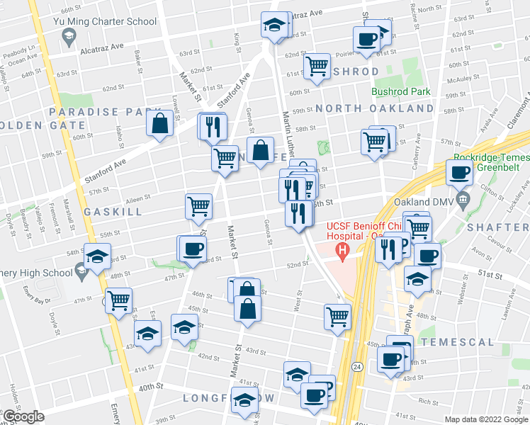 map of restaurants, bars, coffee shops, grocery stores, and more near 55th St & Genoa St in Oakland