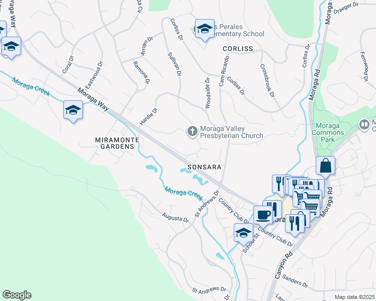 map of restaurants, bars, coffee shops, grocery stores, and more near 2 Moraga Valley Lane in Moraga
