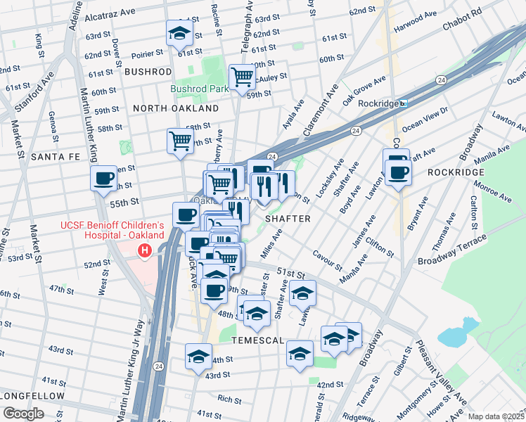 map of restaurants, bars, coffee shops, grocery stores, and more near 5300 Claremont Avenue in Oakland