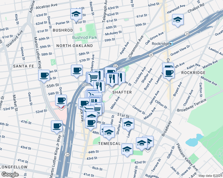 map of restaurants, bars, coffee shops, grocery stores, and more near 5300 Claremont Avenue in Oakland