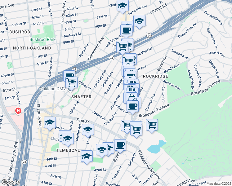 map of restaurants, bars, coffee shops, grocery stores, and more near 5336 Lawton Avenue in Oakland