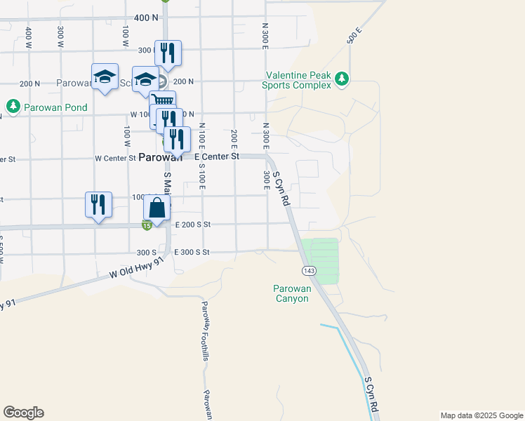 map of restaurants, bars, coffee shops, grocery stores, and more near 257 East 200 South Street in Paragonah