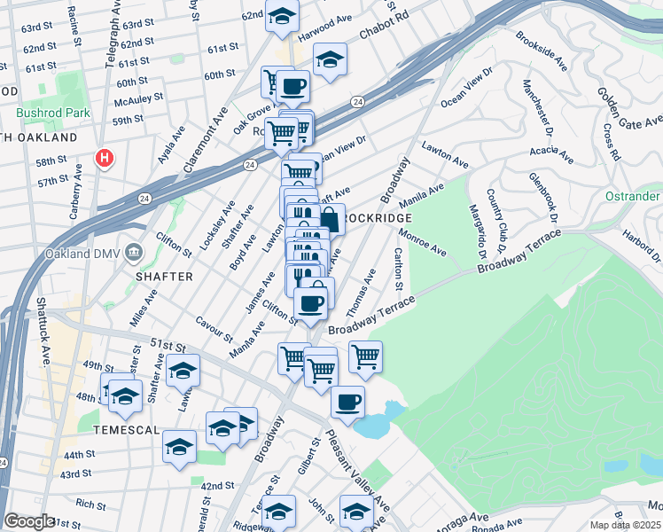 map of restaurants, bars, coffee shops, grocery stores, and more near 5379 Broadway in Oakland