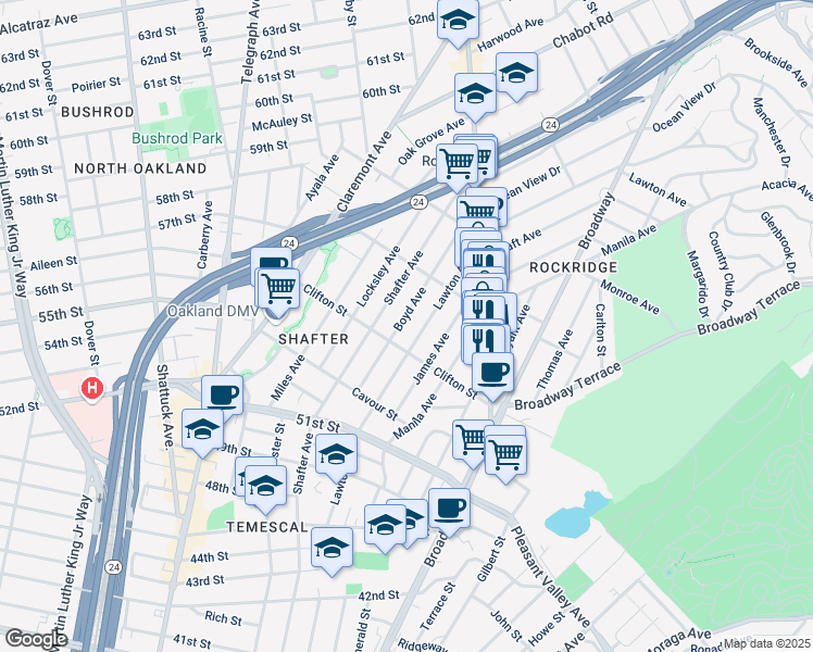 map of restaurants, bars, coffee shops, grocery stores, and more near 5303 Lawton Avenue in Oakland