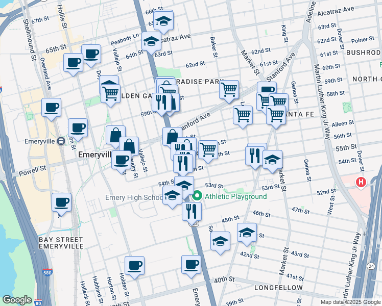 map of restaurants, bars, coffee shops, grocery stores, and more near 1081 56th Street in Oakland