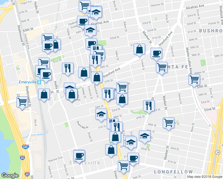 map of restaurants, bars, coffee shops, grocery stores, and more near 1081 56th Street in Oakland