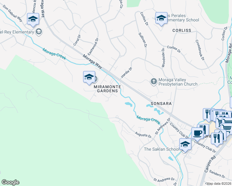 map of restaurants, bars, coffee shops, grocery stores, and more near 119 Miramonte Drive in Moraga