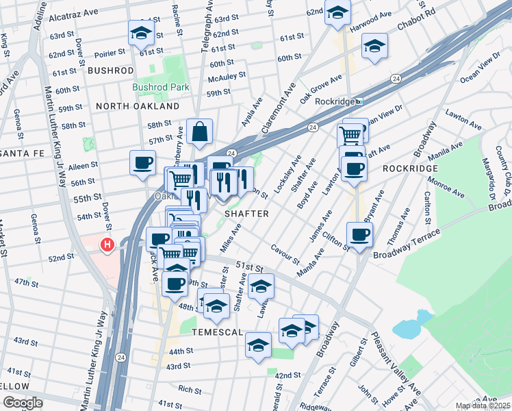 map of restaurants, bars, coffee shops, grocery stores, and more near 5242 Miles Avenue in Oakland