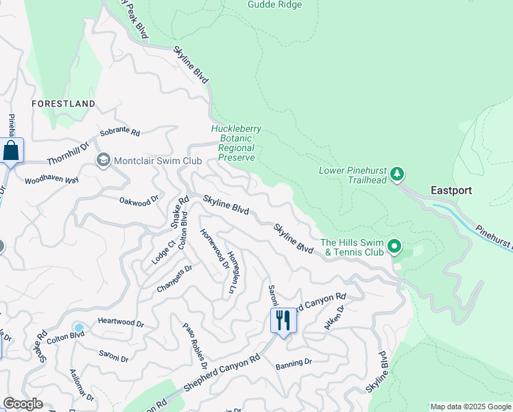 map of restaurants, bars, coffee shops, grocery stores, and more near 7580 Skyline Boulevard in Oakland
