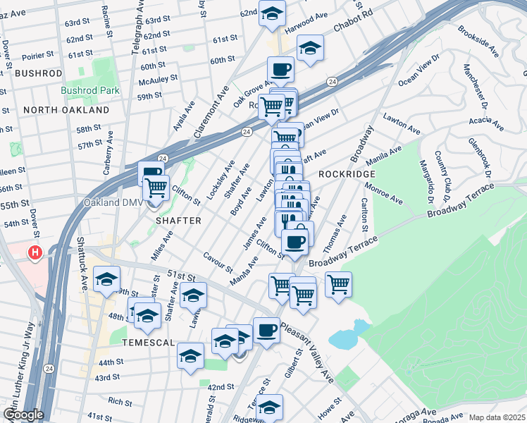 map of restaurants, bars, coffee shops, grocery stores, and more near 5347 James Avenue in Oakland