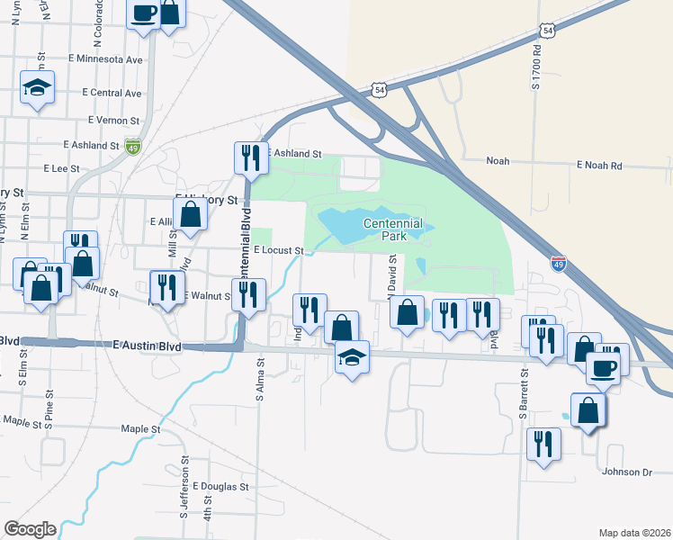 map of restaurants, bars, coffee shops, grocery stores, and more near 200-398 North Jason Street in Nevada