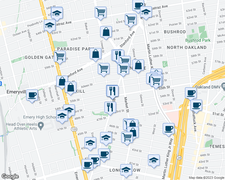 map of restaurants, bars, coffee shops, grocery stores, and more near 5417 Adeline Street in Oakland