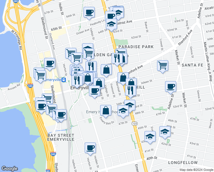 map of restaurants, bars, coffee shops, grocery stores, and more near in Emeryville