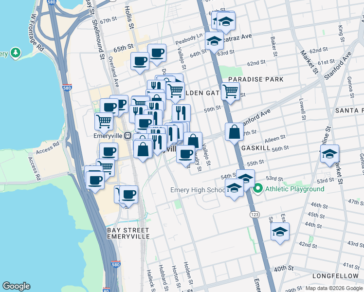 map of restaurants, bars, coffee shops, grocery stores, and more near 1342 Stanford Avenue in Emeryville