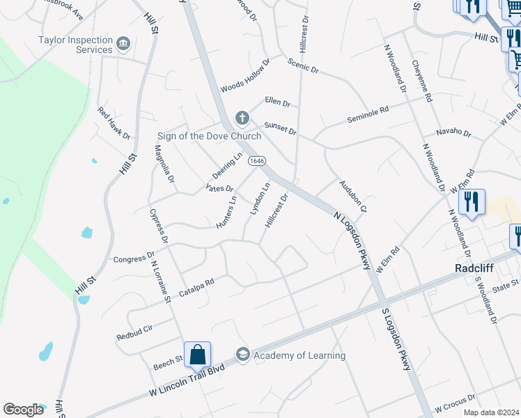 map of restaurants, bars, coffee shops, grocery stores, and more near 1253 Lyndon Lane in Radcliff