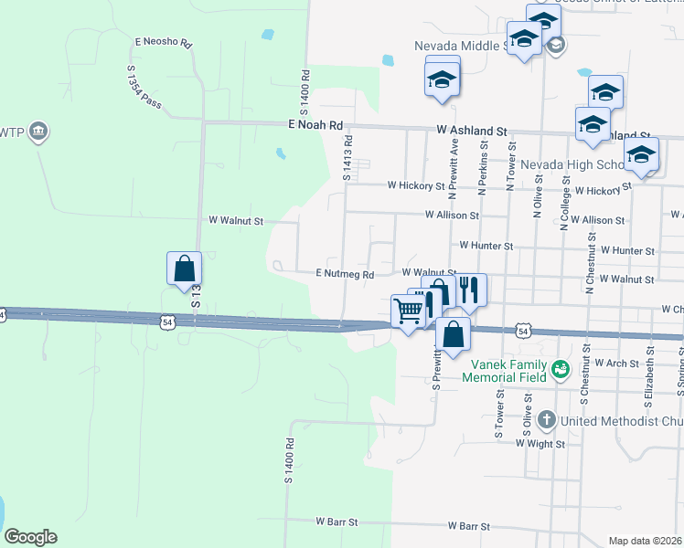 map of restaurants, bars, coffee shops, grocery stores, and more near 16927 South 1413 Road in Nevada