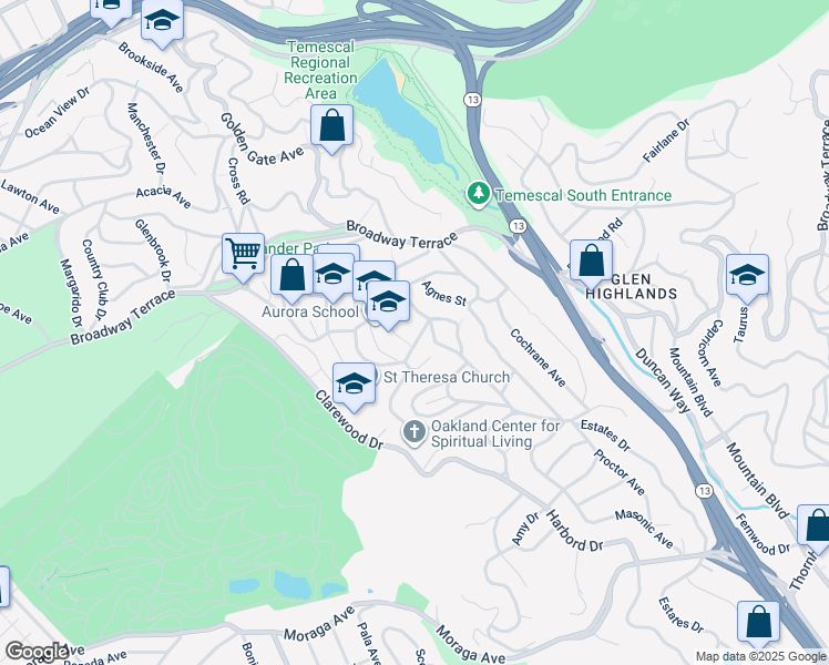map of restaurants, bars, coffee shops, grocery stores, and more near 5815 Morpeth Street in Oakland