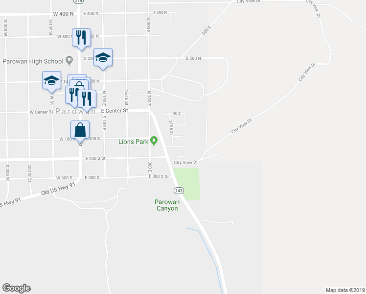 map of restaurants, bars, coffee shops, grocery stores, and more near 495 125 South in Parowan