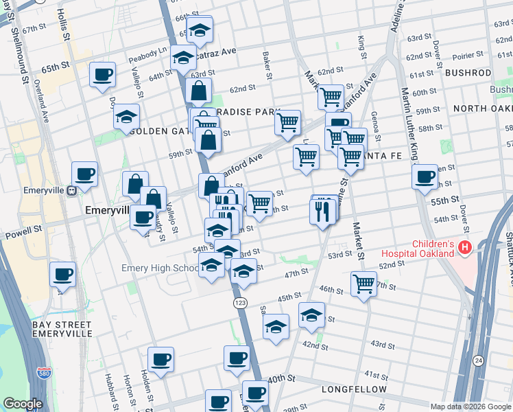 map of restaurants, bars, coffee shops, grocery stores, and more near in Oakland