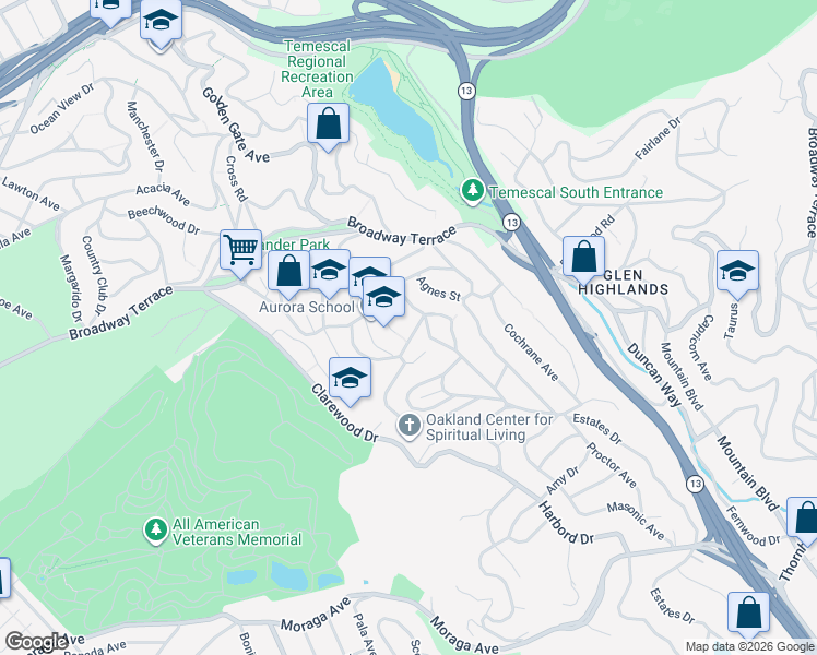 map of restaurants, bars, coffee shops, grocery stores, and more near 5815 Morpeth Street in Oakland
