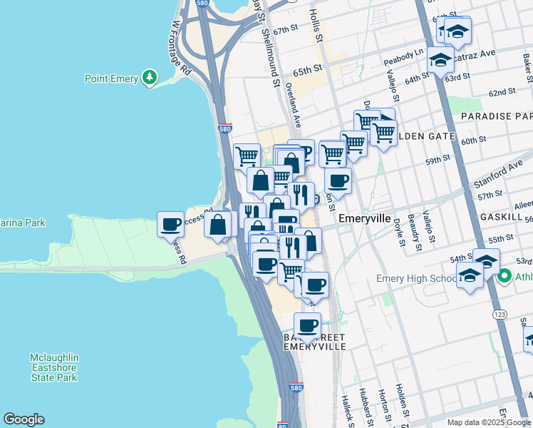 map of restaurants, bars, coffee shops, grocery stores, and more near 5861 Christie Avenue in Oakland